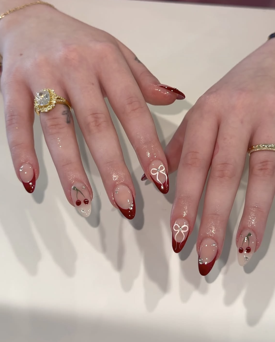 French Tips With Crystal Red Cherries