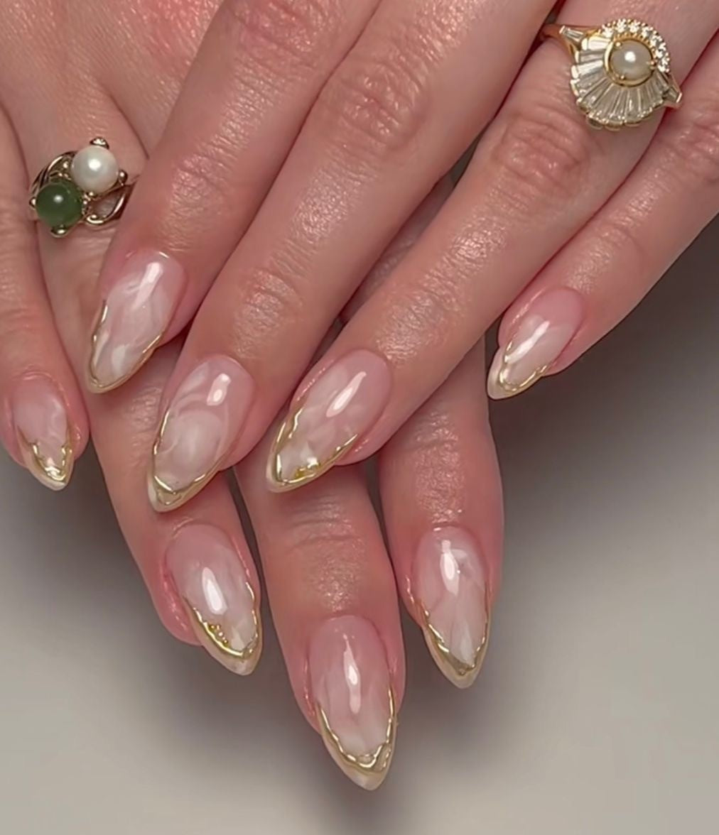 Opal White Pearl Gold Chrome Effect Nails