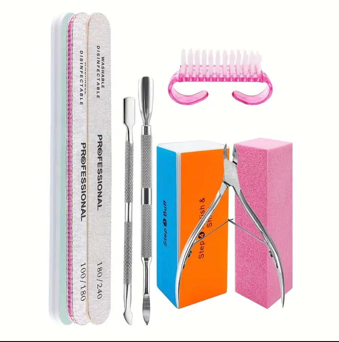 Manicure Set: Stainless Steel Scissors, Cuticle Pusher, Nipper, Nail Clipper & Nail buffer