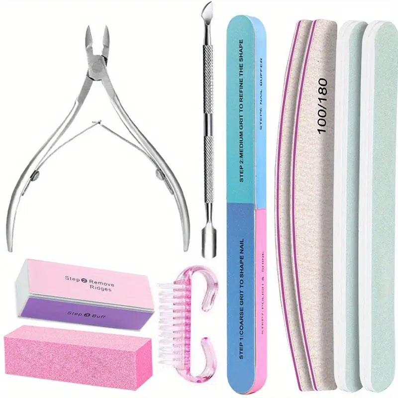 Manicure Set: Stainless Steel Scissors, Cuticle Pusher, Nipper, Nail Clipper & Nail buffer
