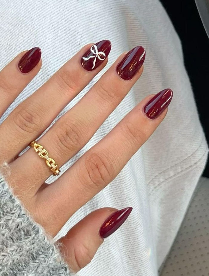 Cherry Red Nails With Bow