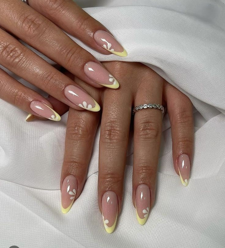 Yellow Tips With Florals (Glitter Base)