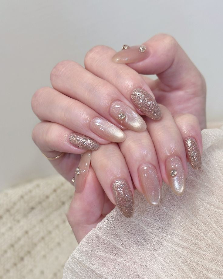 Gold Nude Cat Eye With Champagne Glittery Nails