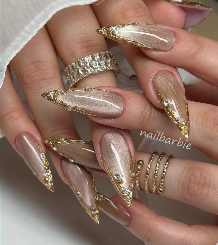 Beige Cat Eye With Gold Chrome & Pearls