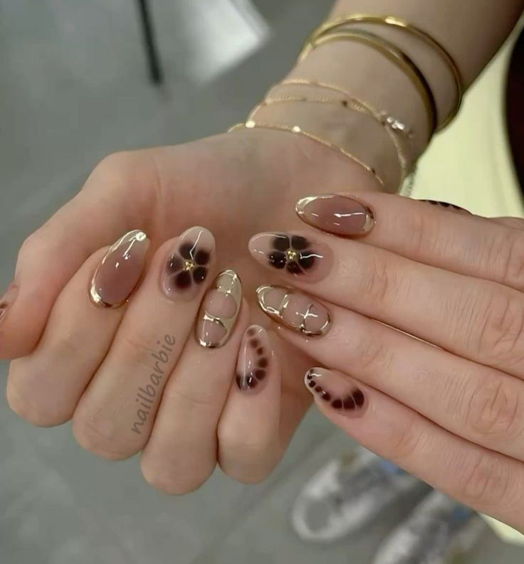 Brown Nude Abstract Champagne Gold Nails
