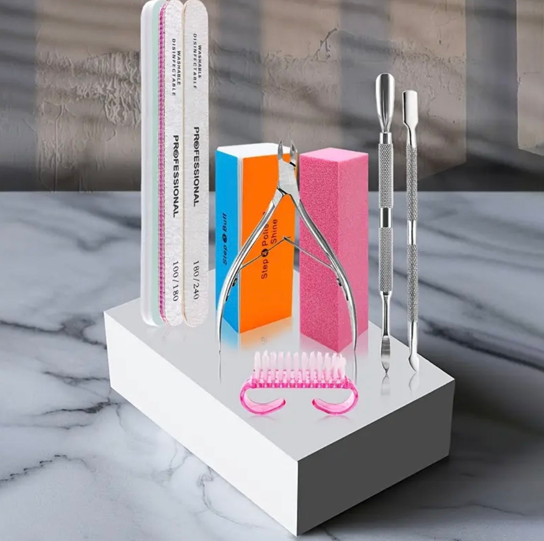 Manicure Set: Stainless Steel Scissors, Cuticle Pusher, Nipper, Nail Clipper & Nail buffer