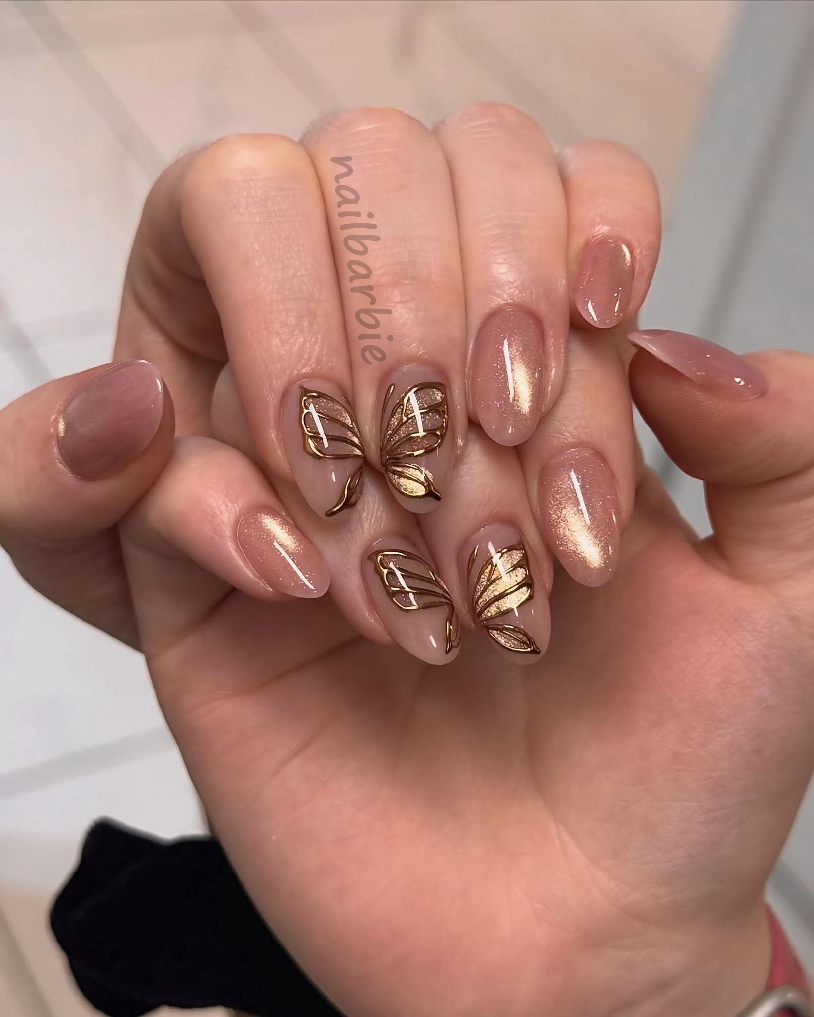 Cat Eye Gold Butterfly Themed Nails