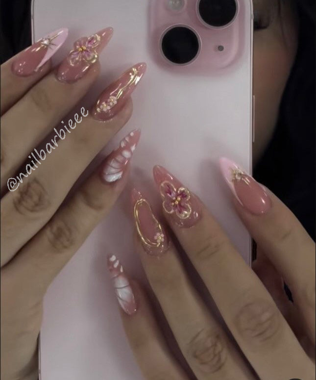 Coquette 3D Gold Floral Nails