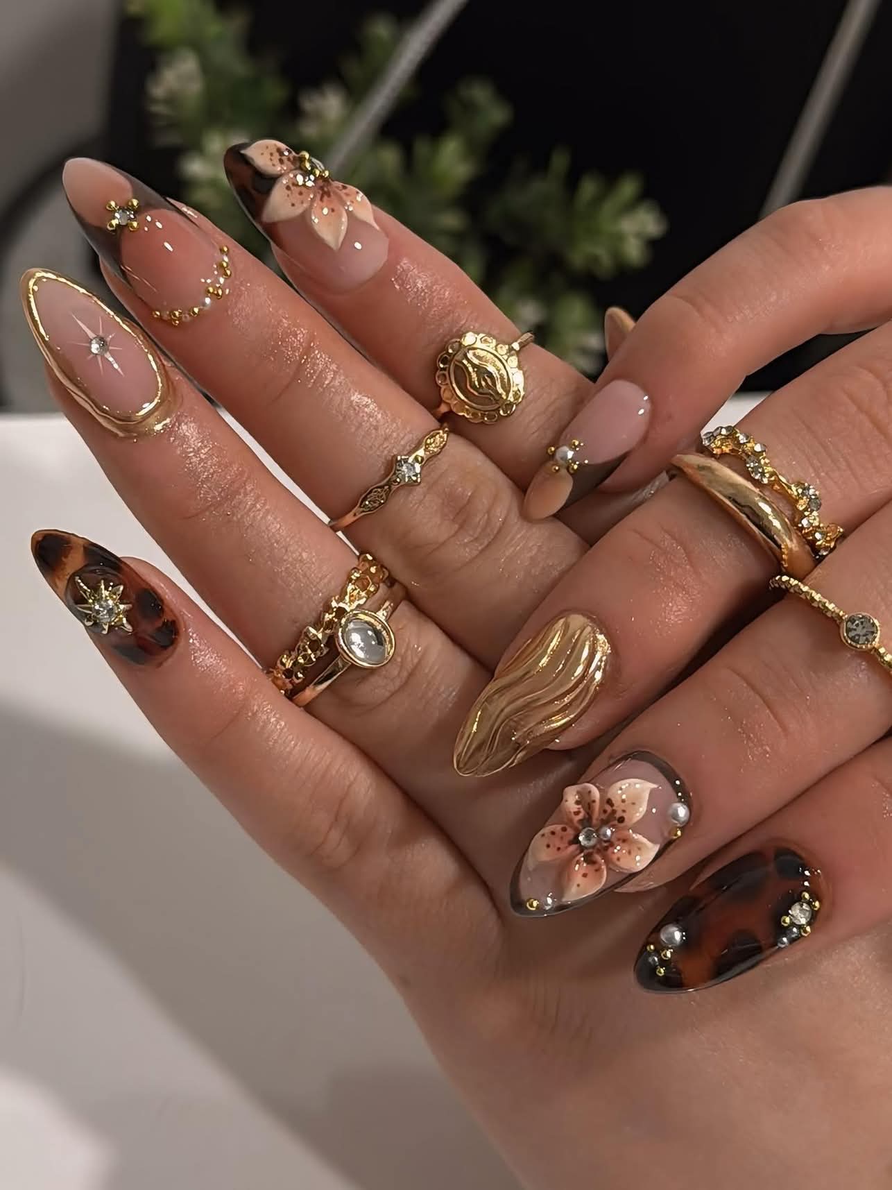 Boujiee 3D Floral Tortoise Shell Customised Brown Nails