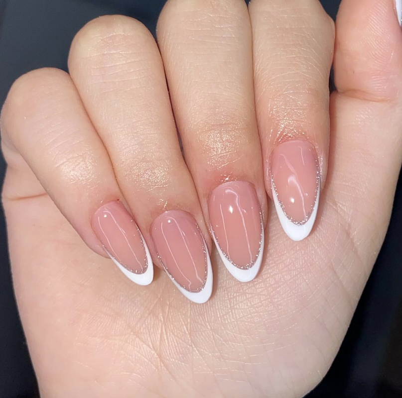 French Less White Tips With Glitter Lines