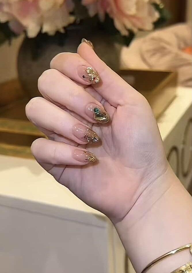 Gold Glitter Ombre Tips With 3D Crystals