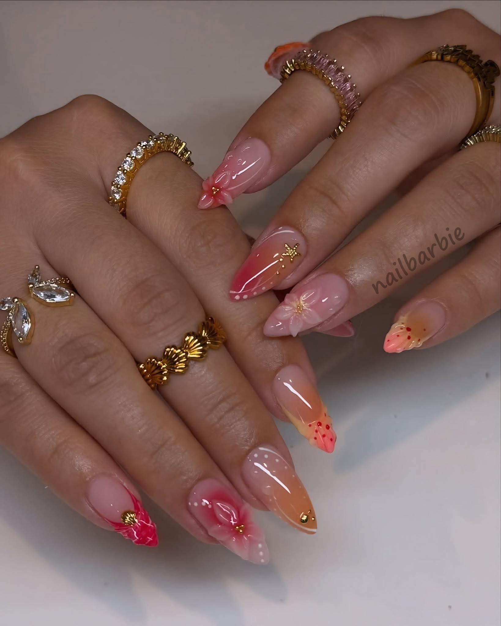 Luxurious Pink & Orange Gold Floral Nail Art