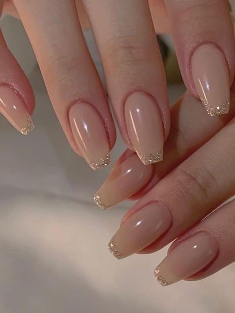 Nude Base Gold Glitter Tips