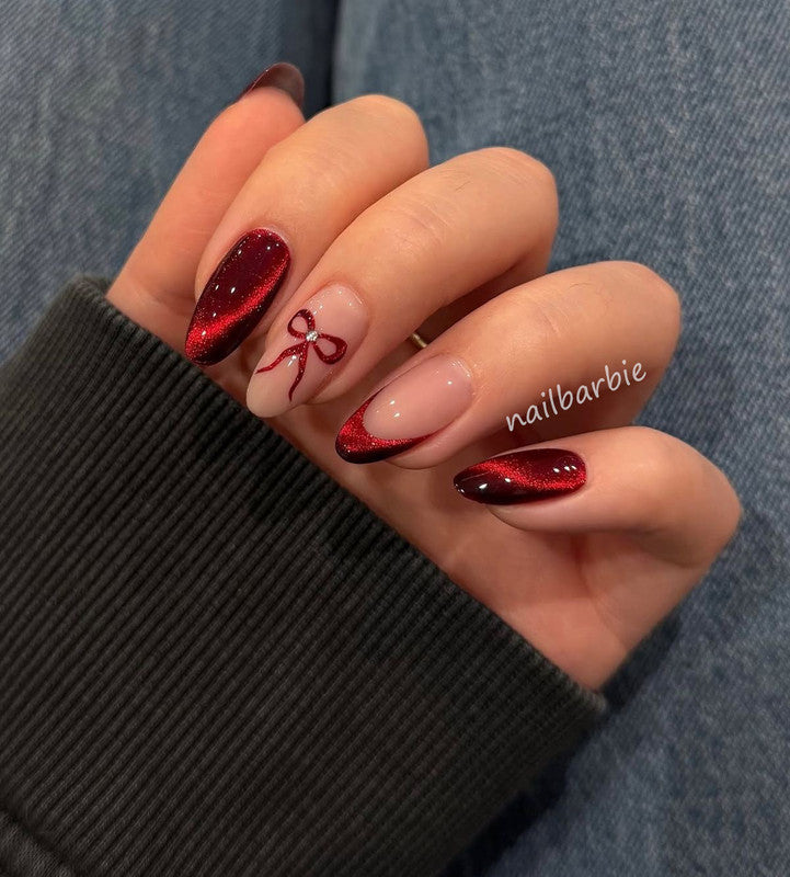 Red Cat Eye French Magnificent Nails W Bow