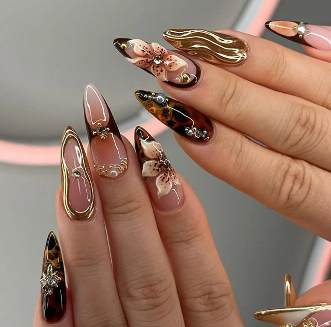 Boujiee 3D Floral Tortoise Shell Customised Brown Nails