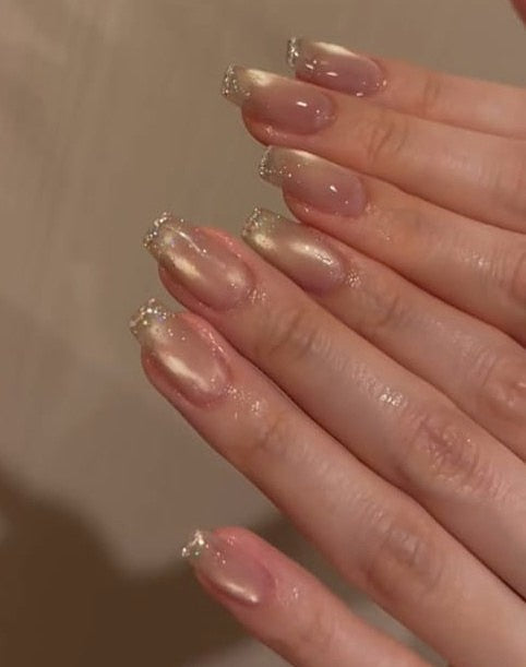 Nude Cat Eye Base With Holo Glitter Tips