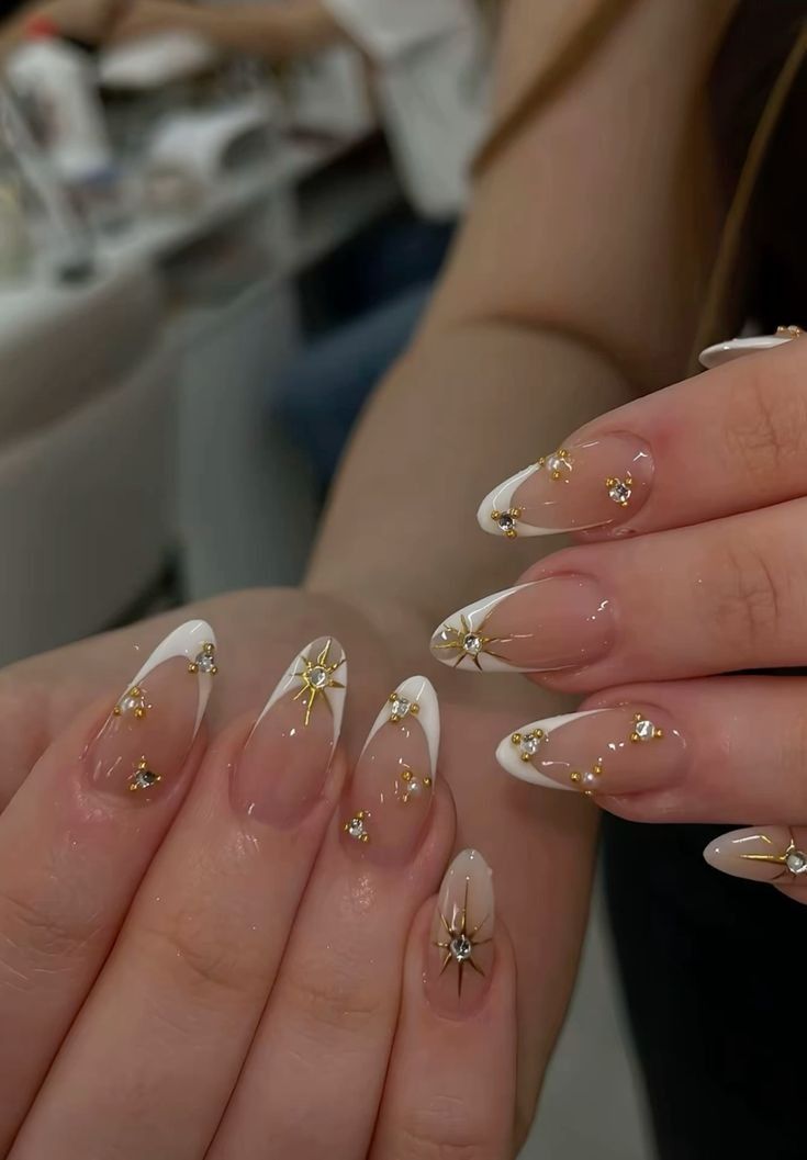 Luxurious Nude French Gold Crystal Nails