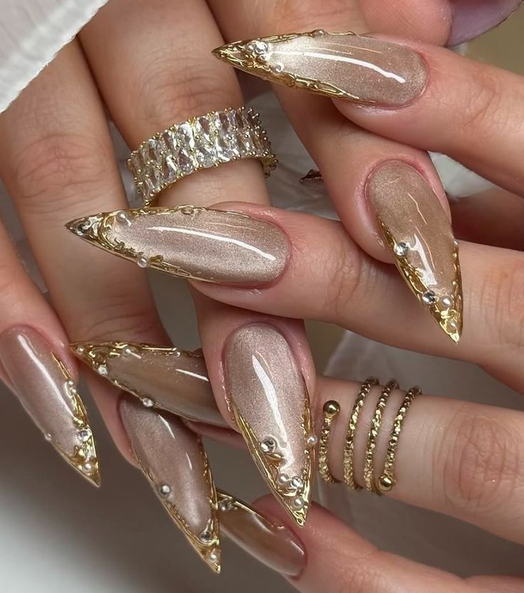 Nude Gold Cat Eye Artwork On Nails With Crystals