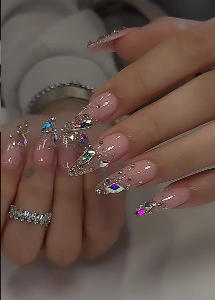 Glitter Ombre Tips With 3D Crystals