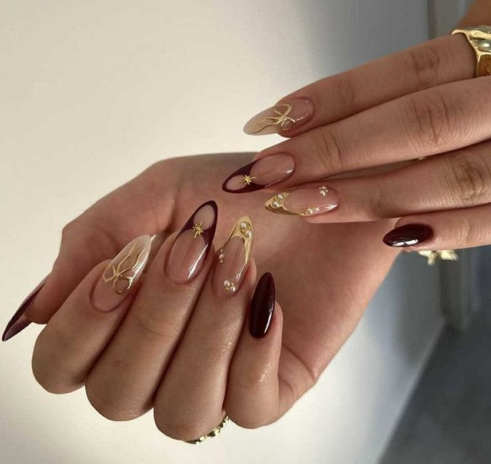 Maroon French Bridal Nails W Gold Chrome