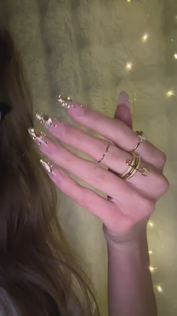 Champagne Glittery Crystals Nails (Natural Pink Base)