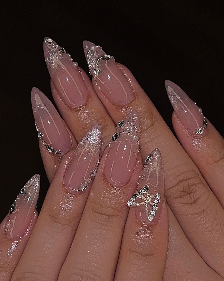 Bridal Cat Eye Nails With Silver Designing