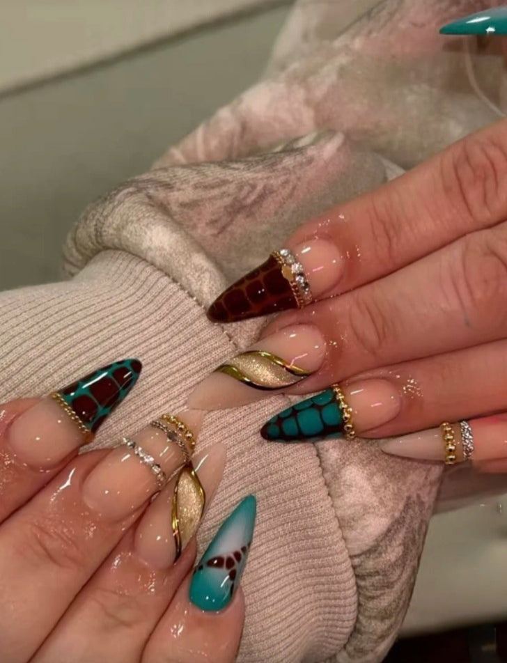 Turtoise x Maroon Bridal Nails With Crystals
