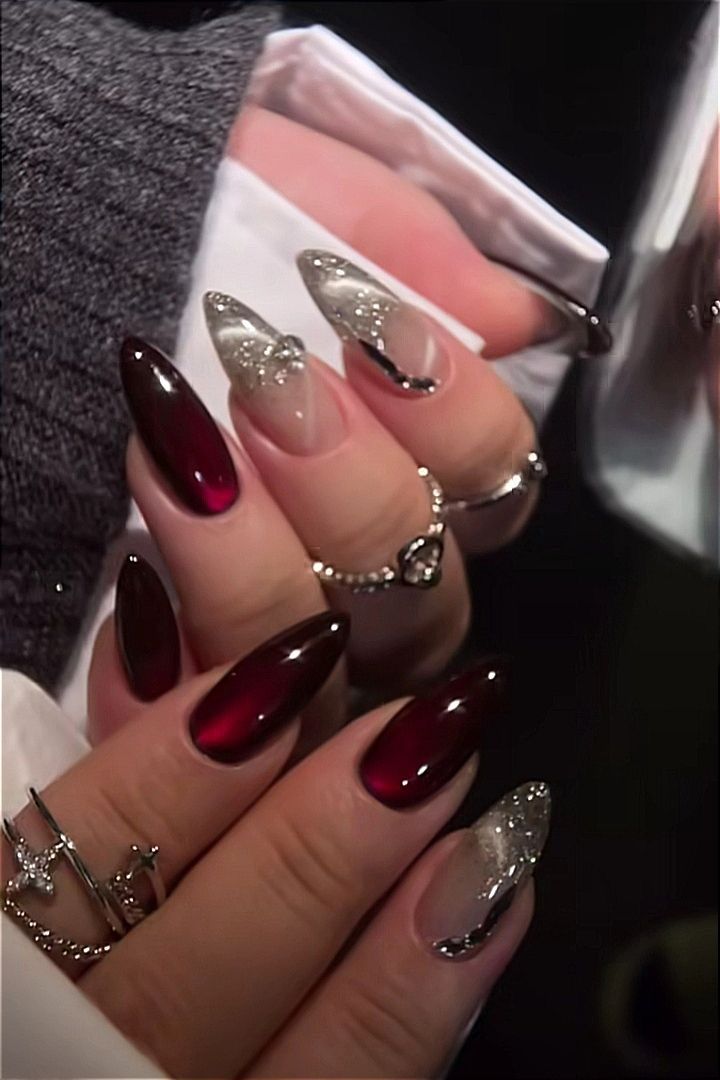 Maroon & Silver Cat Eye Bridal Nails