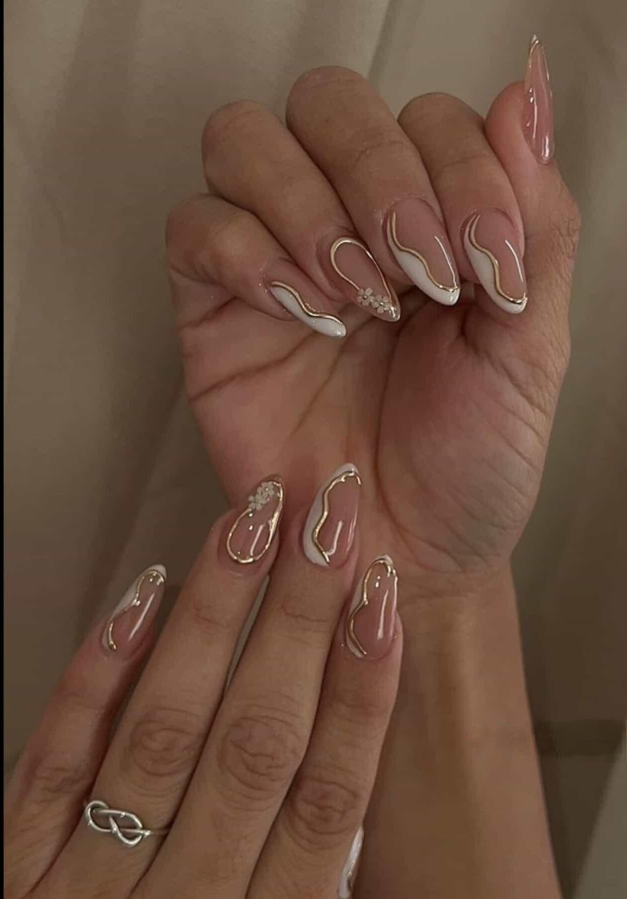 White Abstract Gold Nails