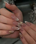 Nude French Gold Artwork On Nails With Crystals