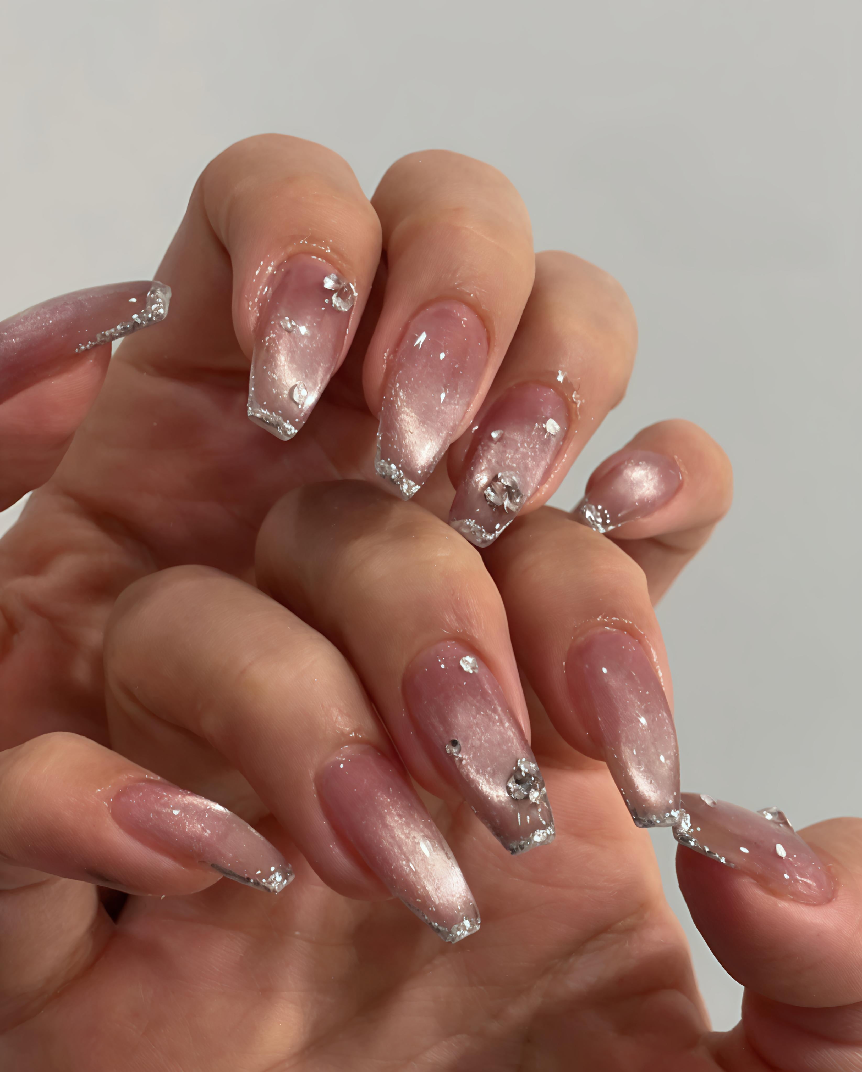 Lavish Cat Eye Nails With Silver Swarovskis & Glitter
