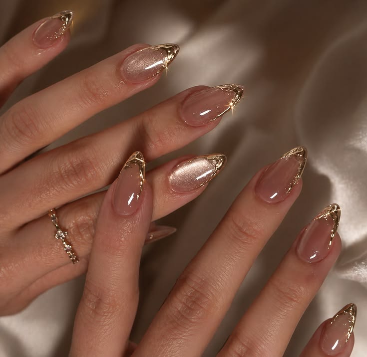 Pinkish Cat Eye Gold Chrome French Nails
